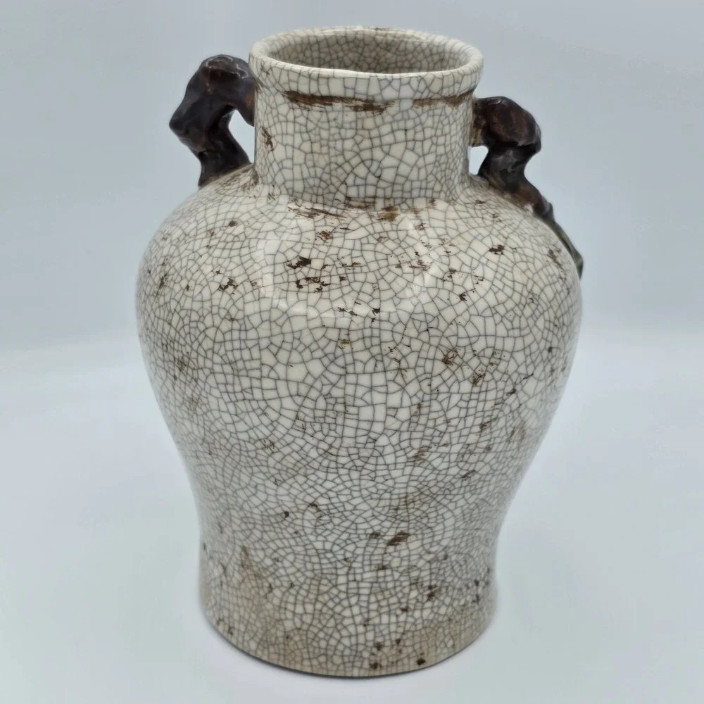 Antique French Barbotine Craquelure Ceramic‎ Vase Bird Olive Branch 19th-20th C